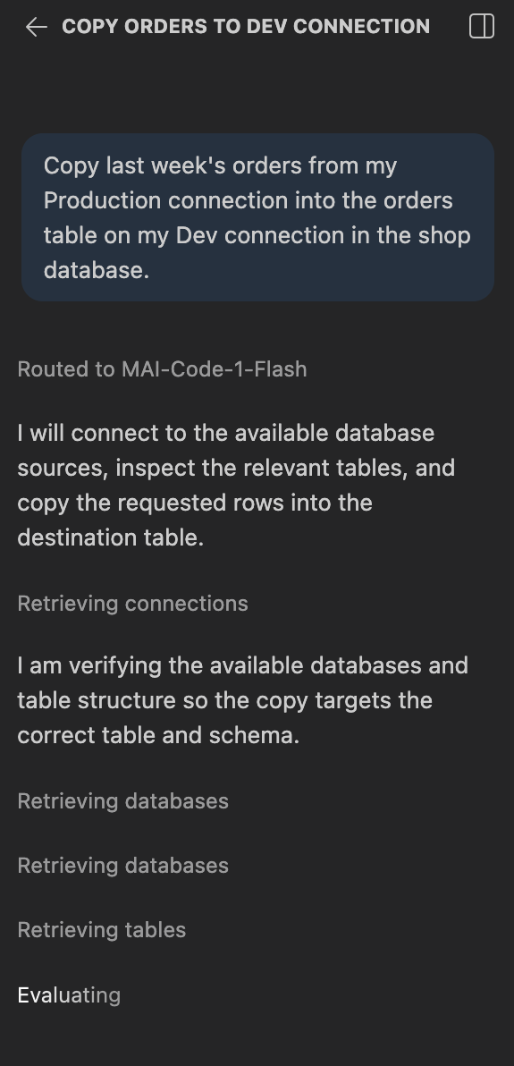 An AI agent in DBCode copying orders from a Production connection into a Dev connection