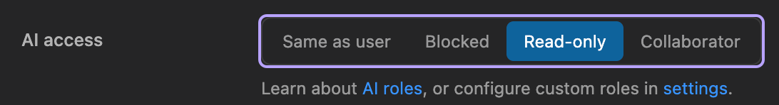 The AI access picker in the DBCode connection editor, showing Same as user, Blocked, Read-only, and Collaborator