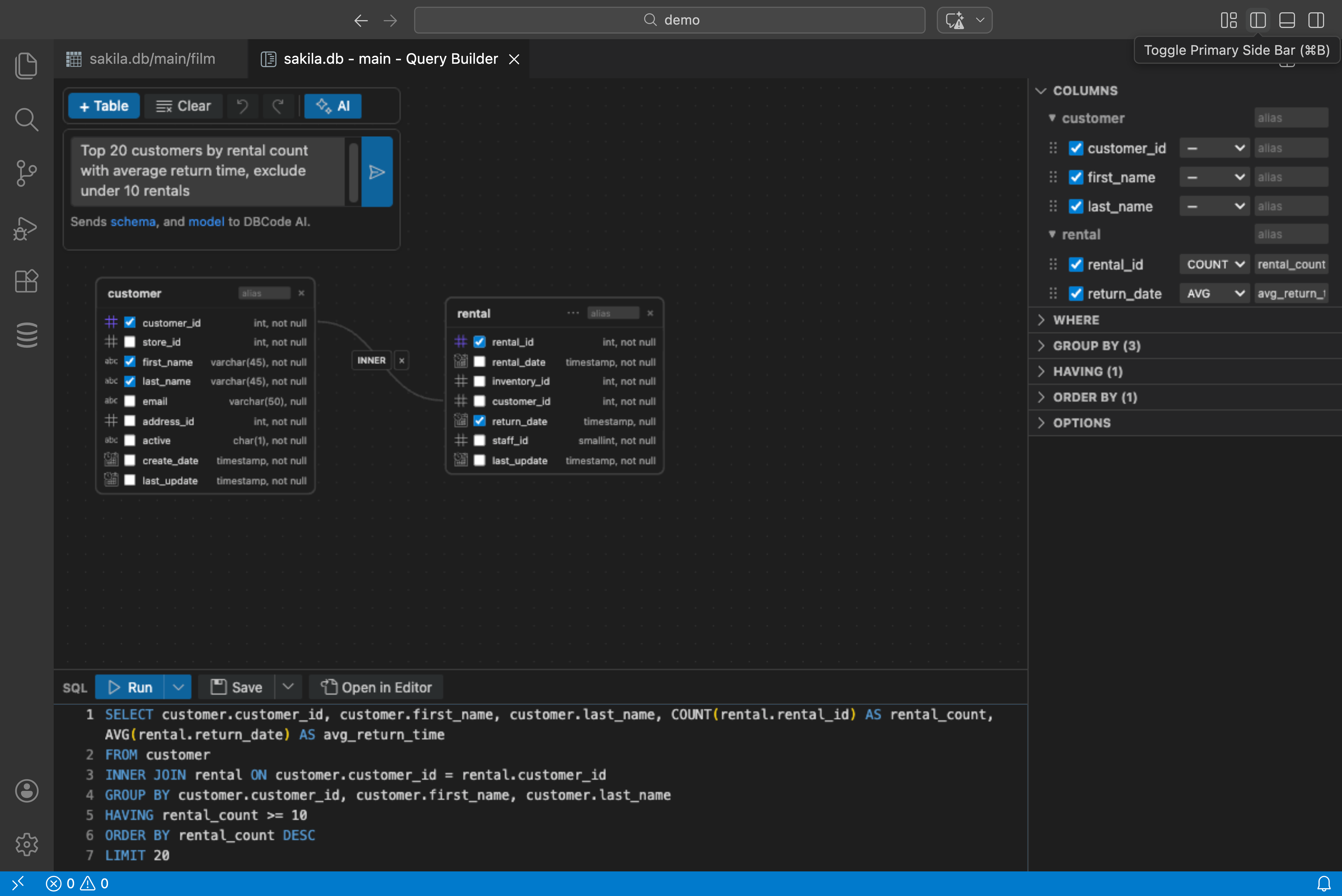 Query Builder with AI input bar showing a natural language prompt