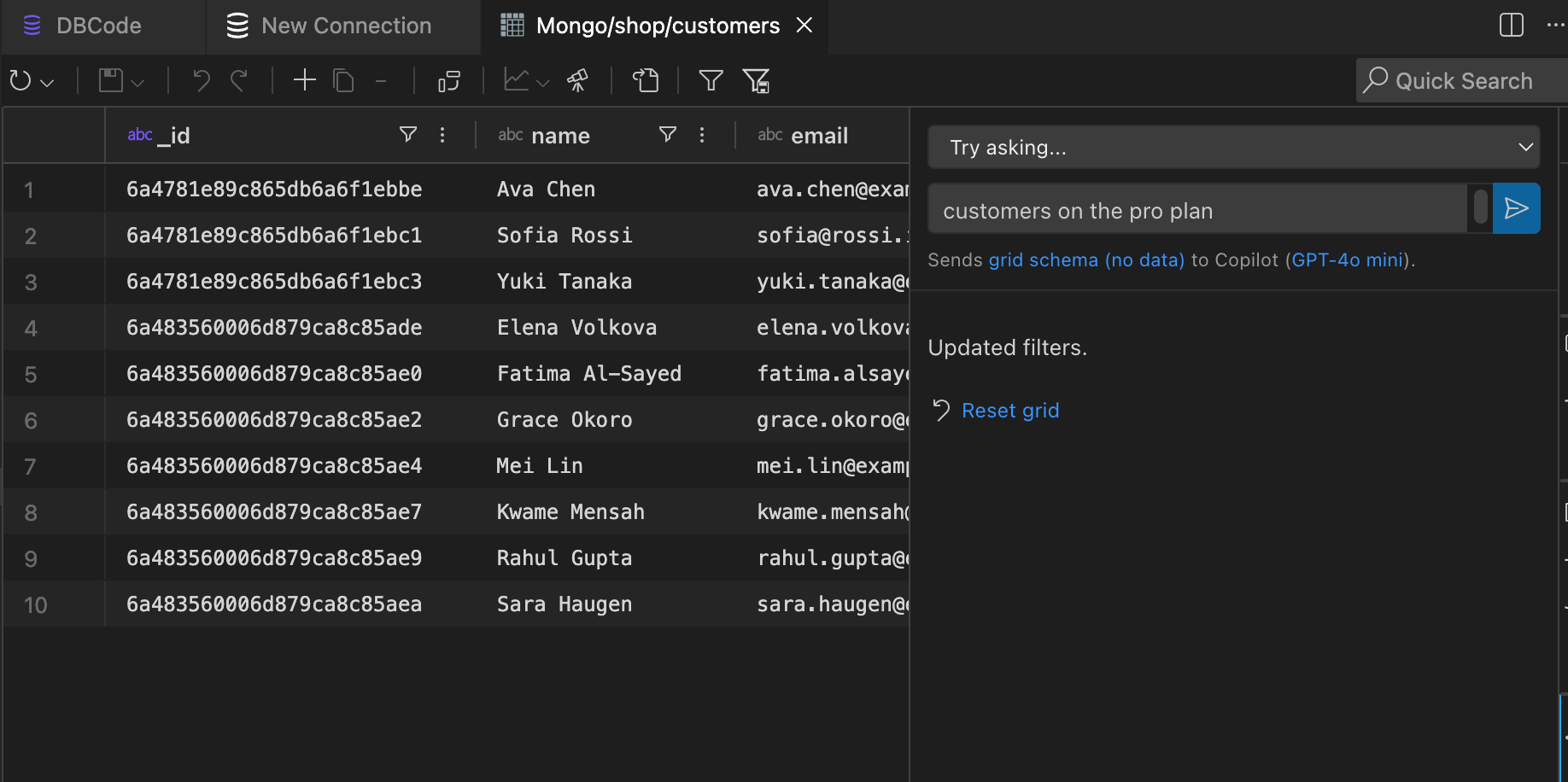 Filtering a MongoDB collection with a natural-language query in DBCode