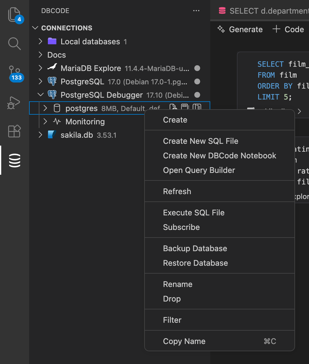 Backup Database and Restore Database in a PostgreSQL database context menu