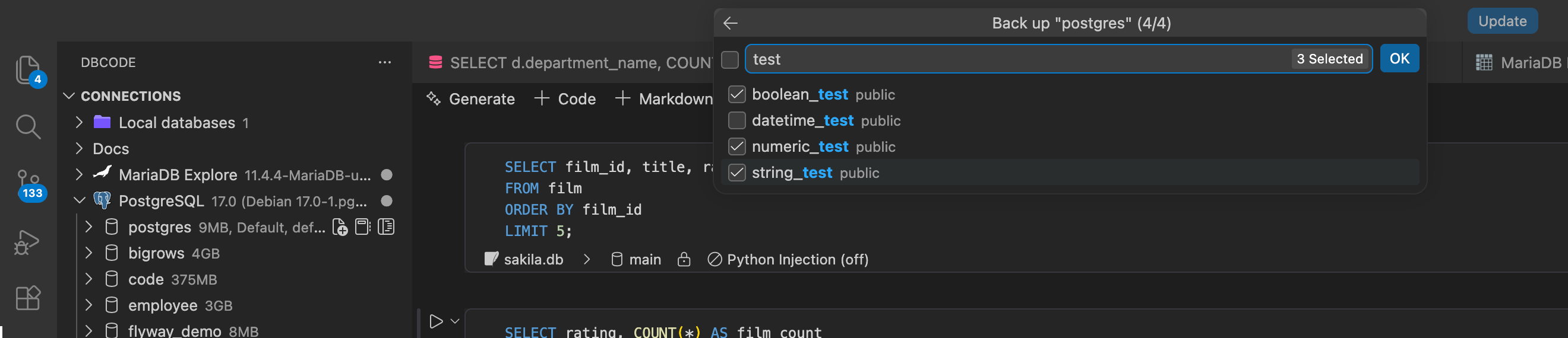 Selecting three tables from the public schema in the PostgreSQL backup wizard