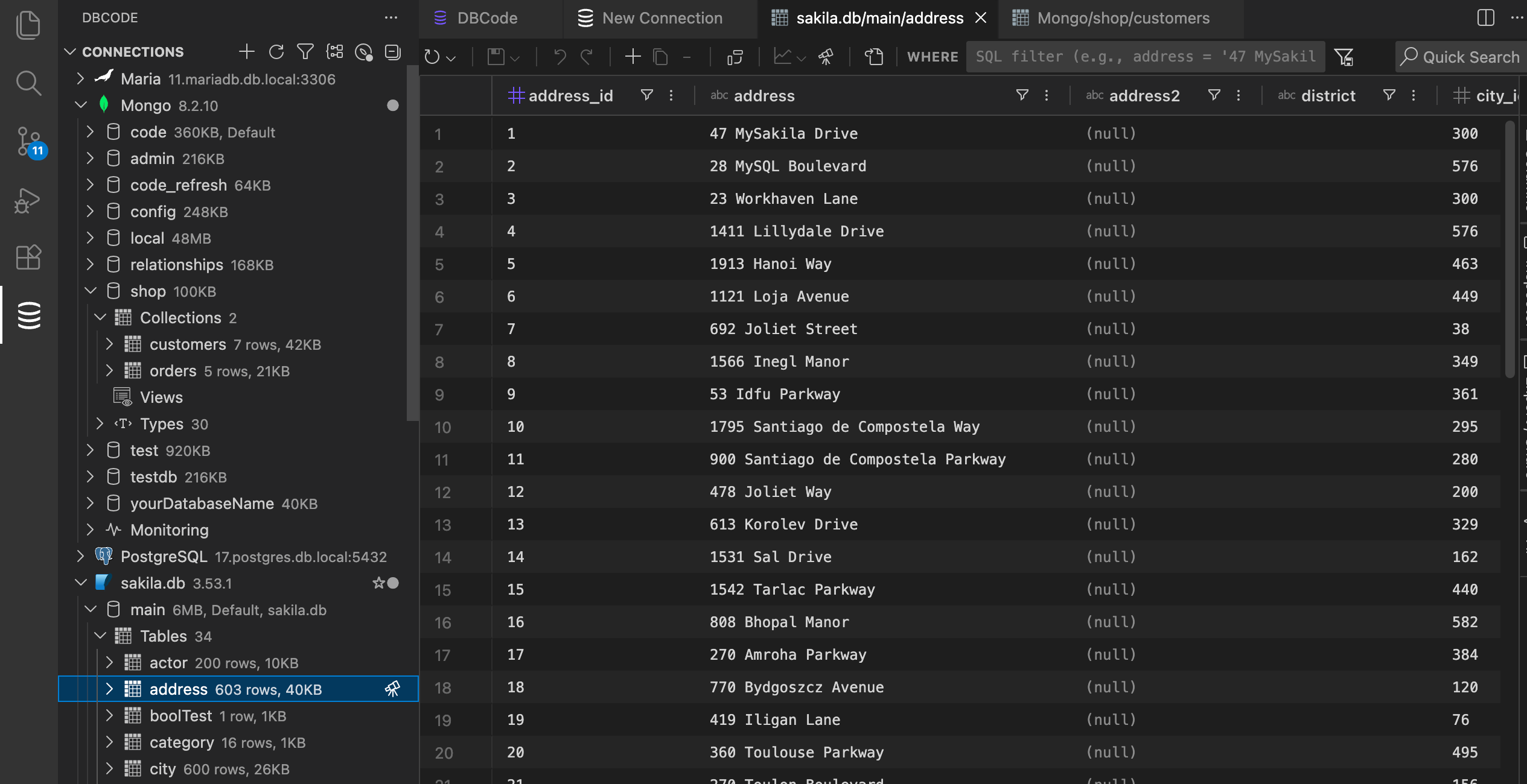 Browsing tables and viewing data in DBCode