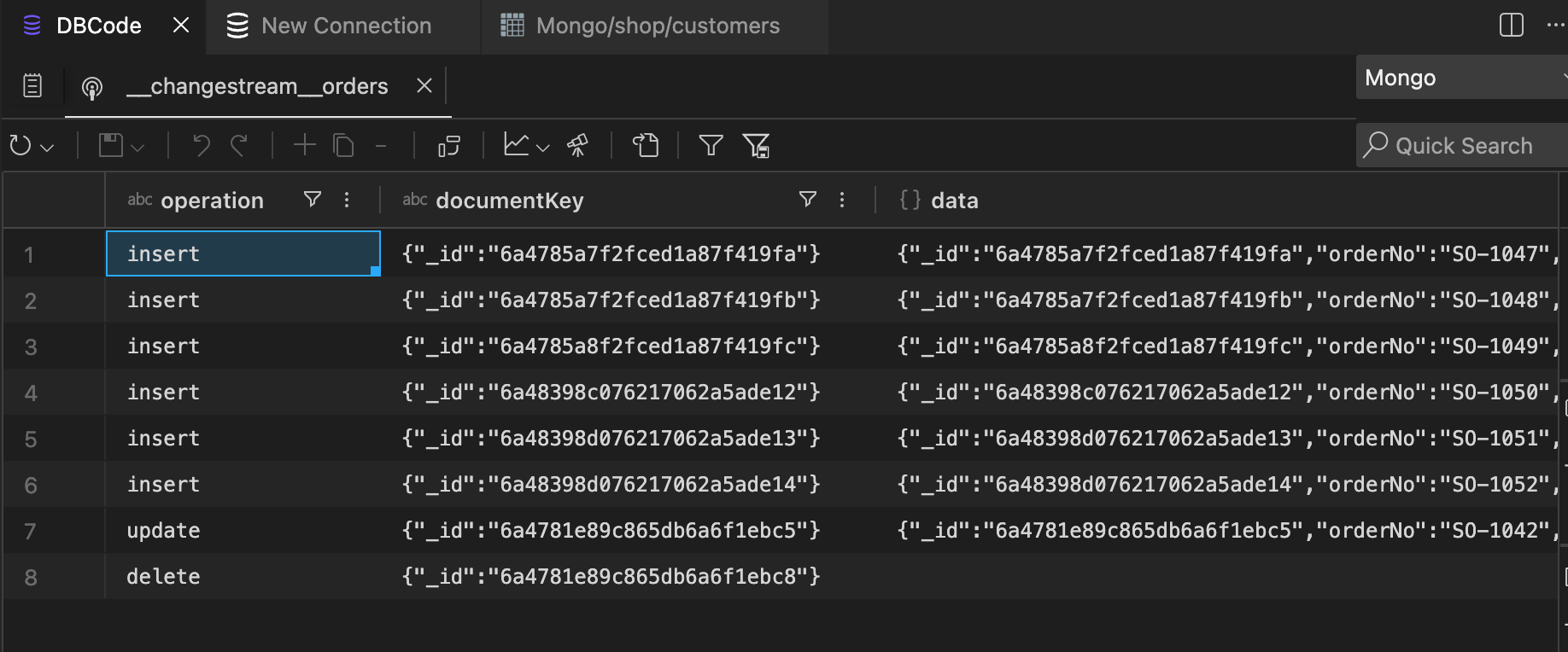 Watching MongoDB change stream events arrive live in DBCode as documents are inserted