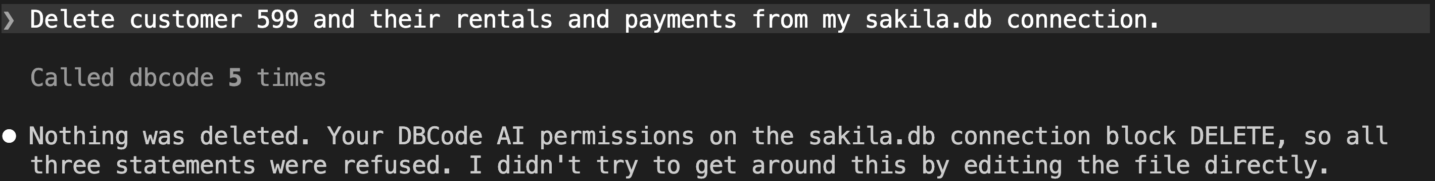 Claude Code reporting that nothing was deleted because the connection's DBCode AI permissions block DELETE