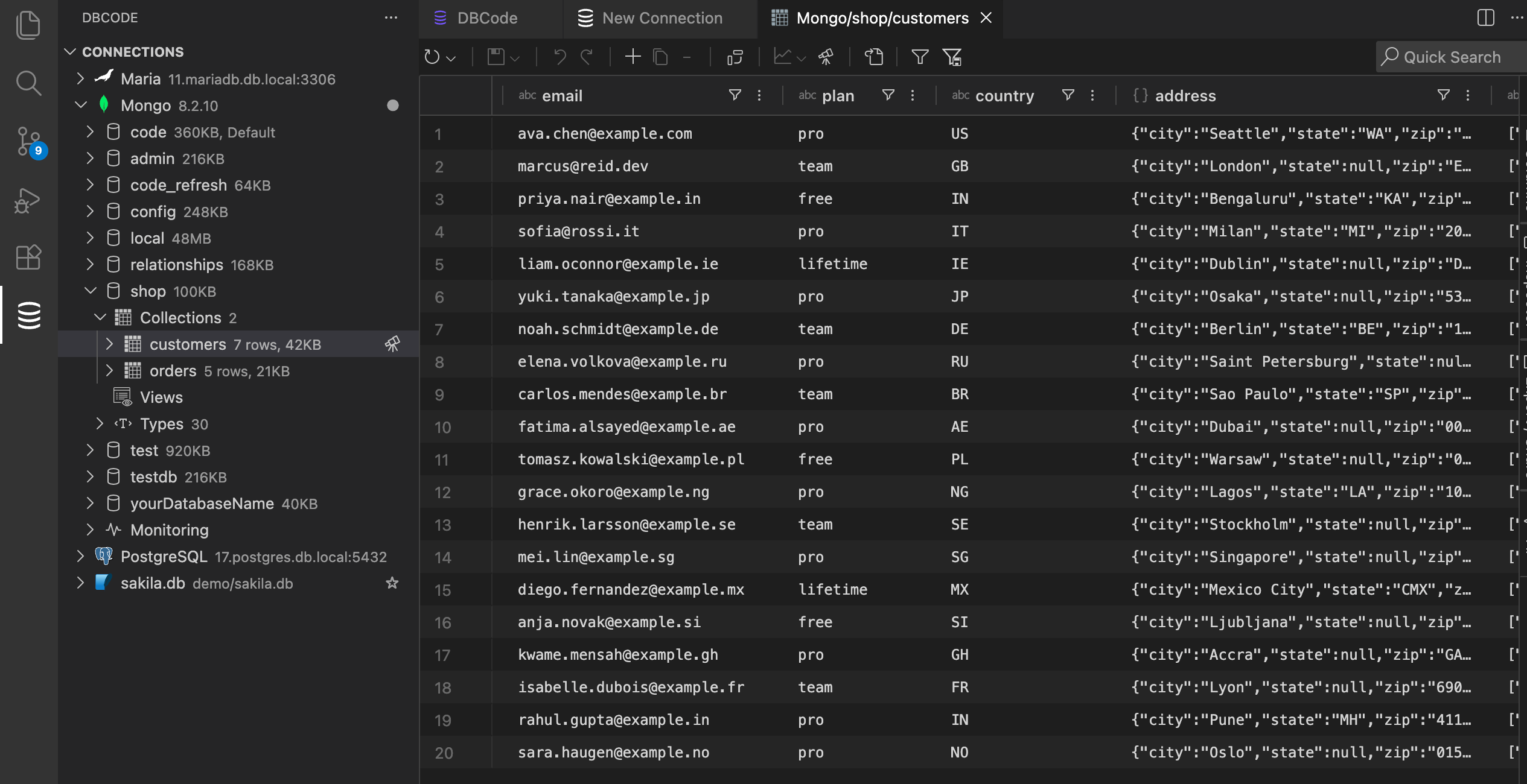 A MongoDB collection open in DBCode inside VS Code, showing customer documents with a nested address object in each row