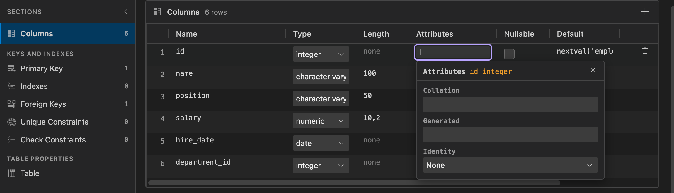 Column attributes editor for an employee identifier