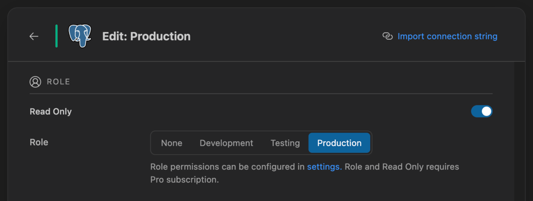 Role section in connection settings showing Read Only toggle and Production role selected