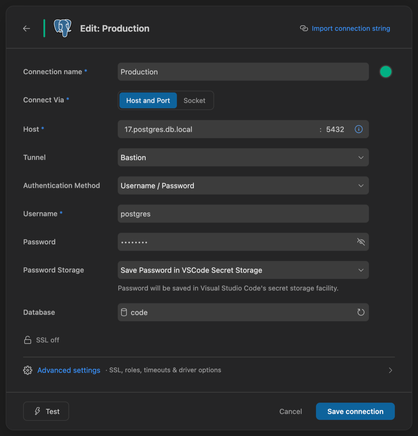 Using a tunnel in database connection