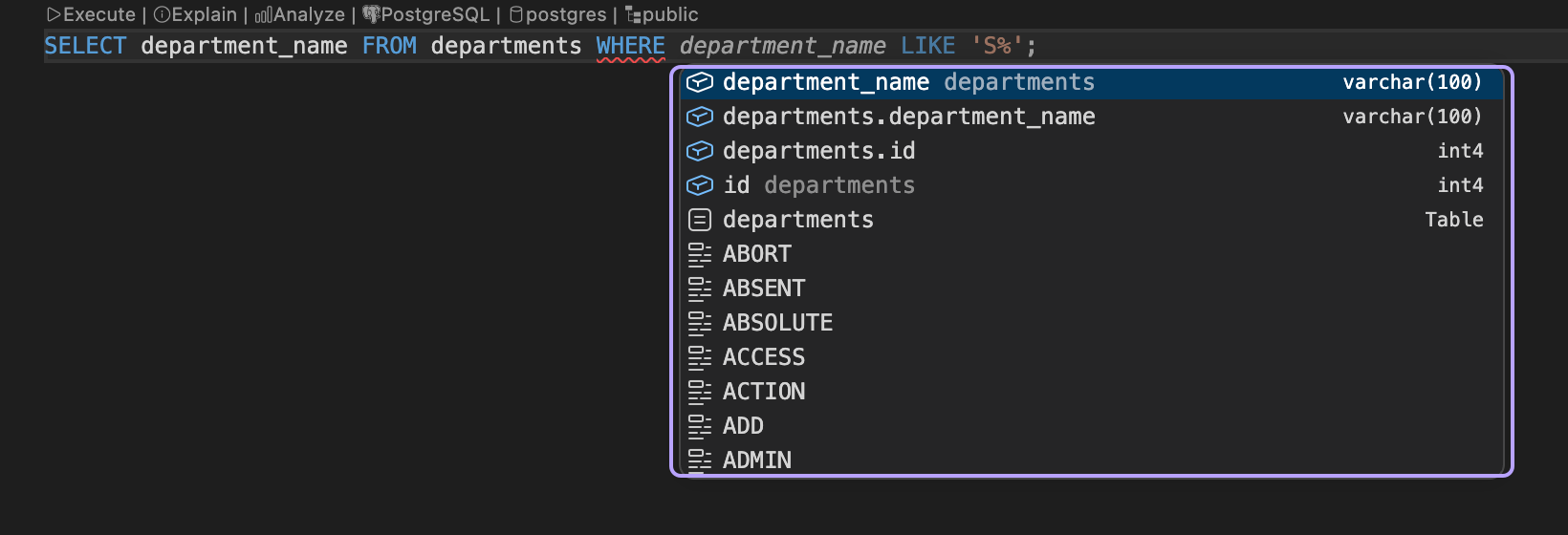 Column suggestions for the departments table in a WHERE clause