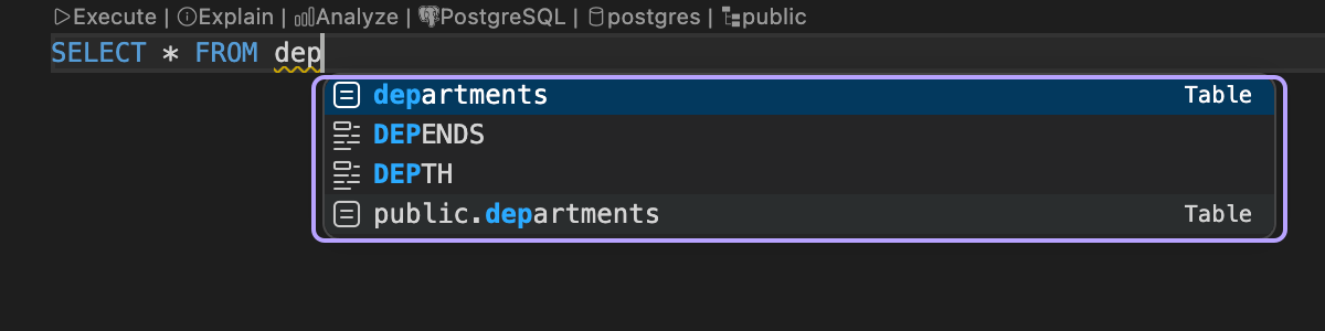 Table suggestions after typing SELECT from a connected PostgreSQL schema