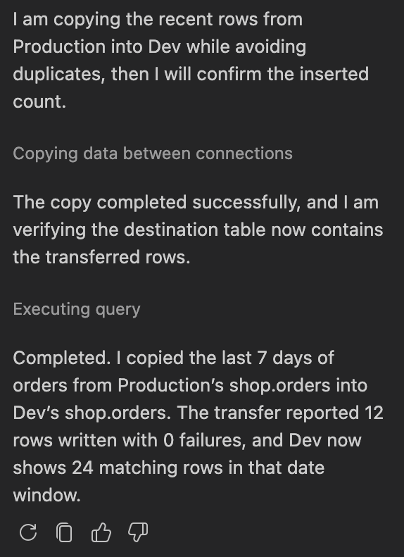 DBCode's copy result: 12 rows written with 0 failures, moved directly between connections