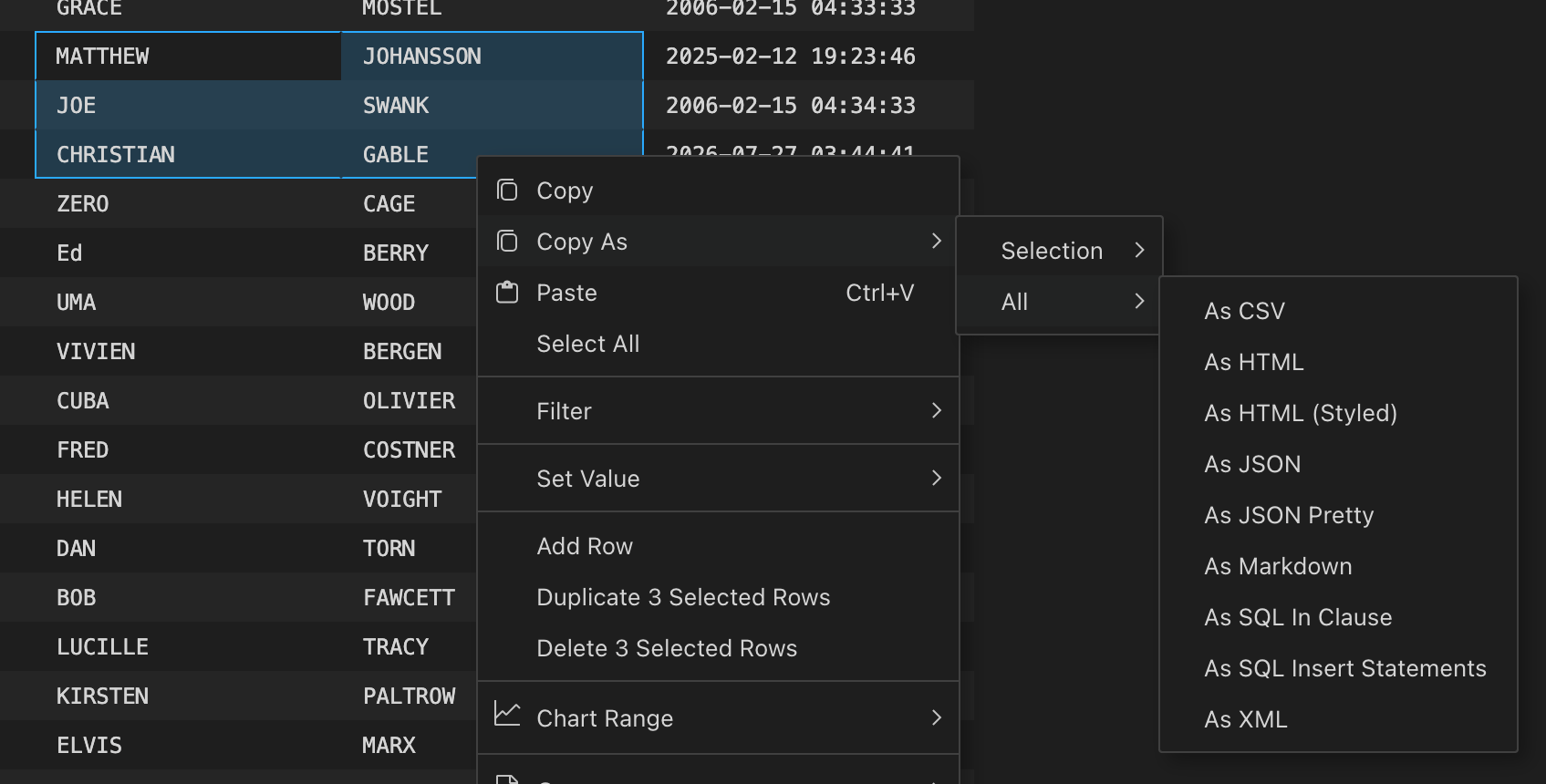 Copy As All menu with the available formats
