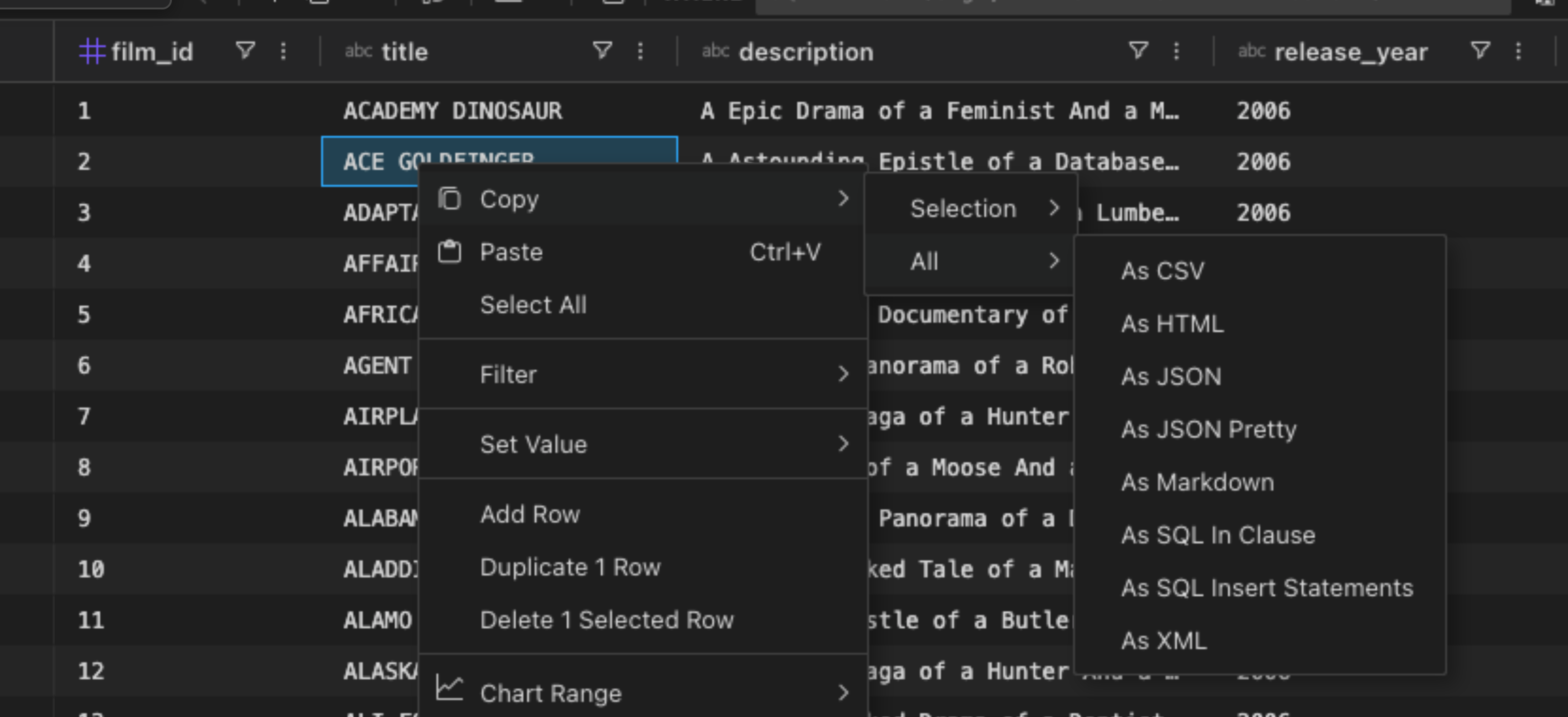 Copy all rows menu
