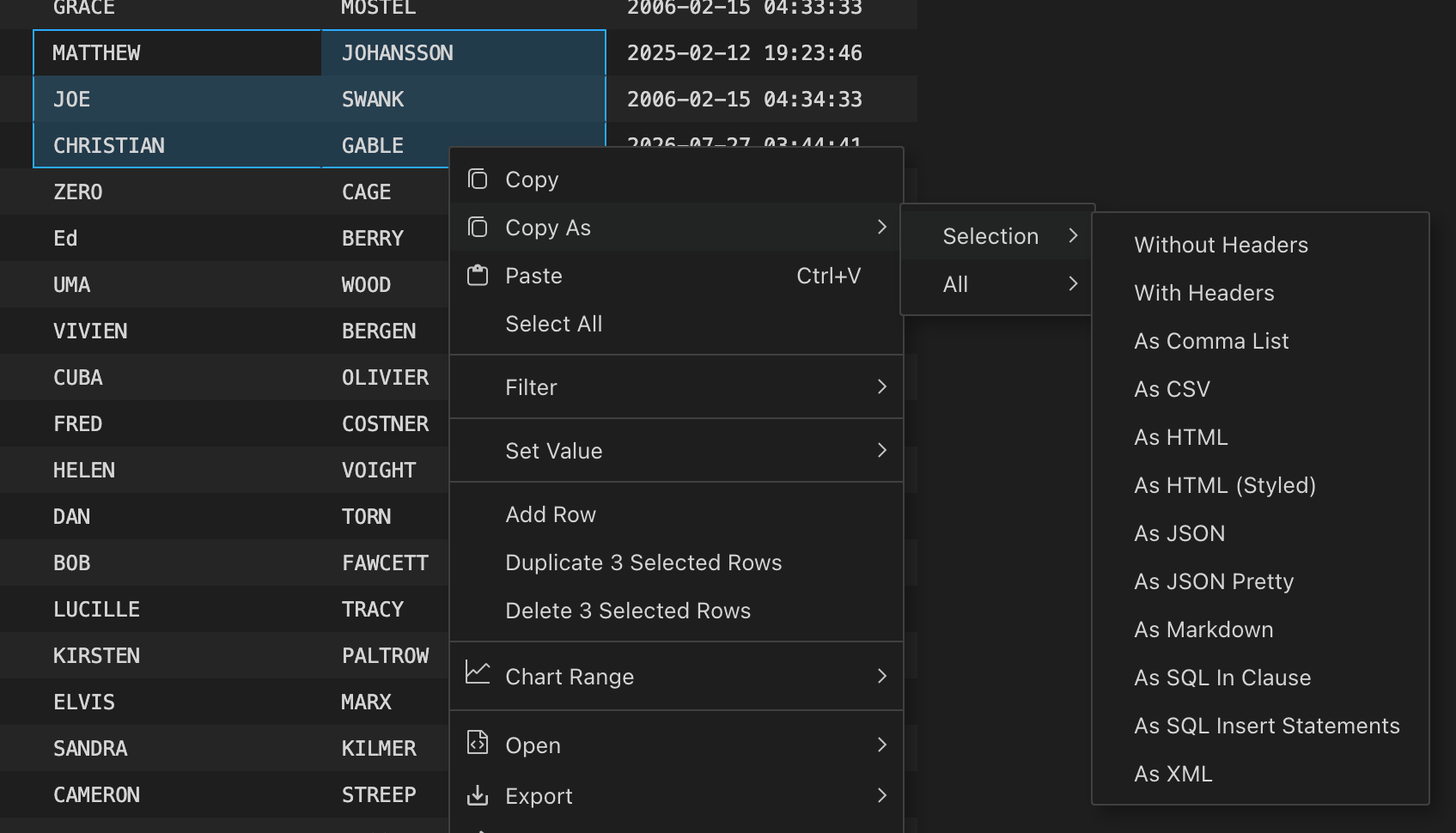Copy As Selection menu with the available formats