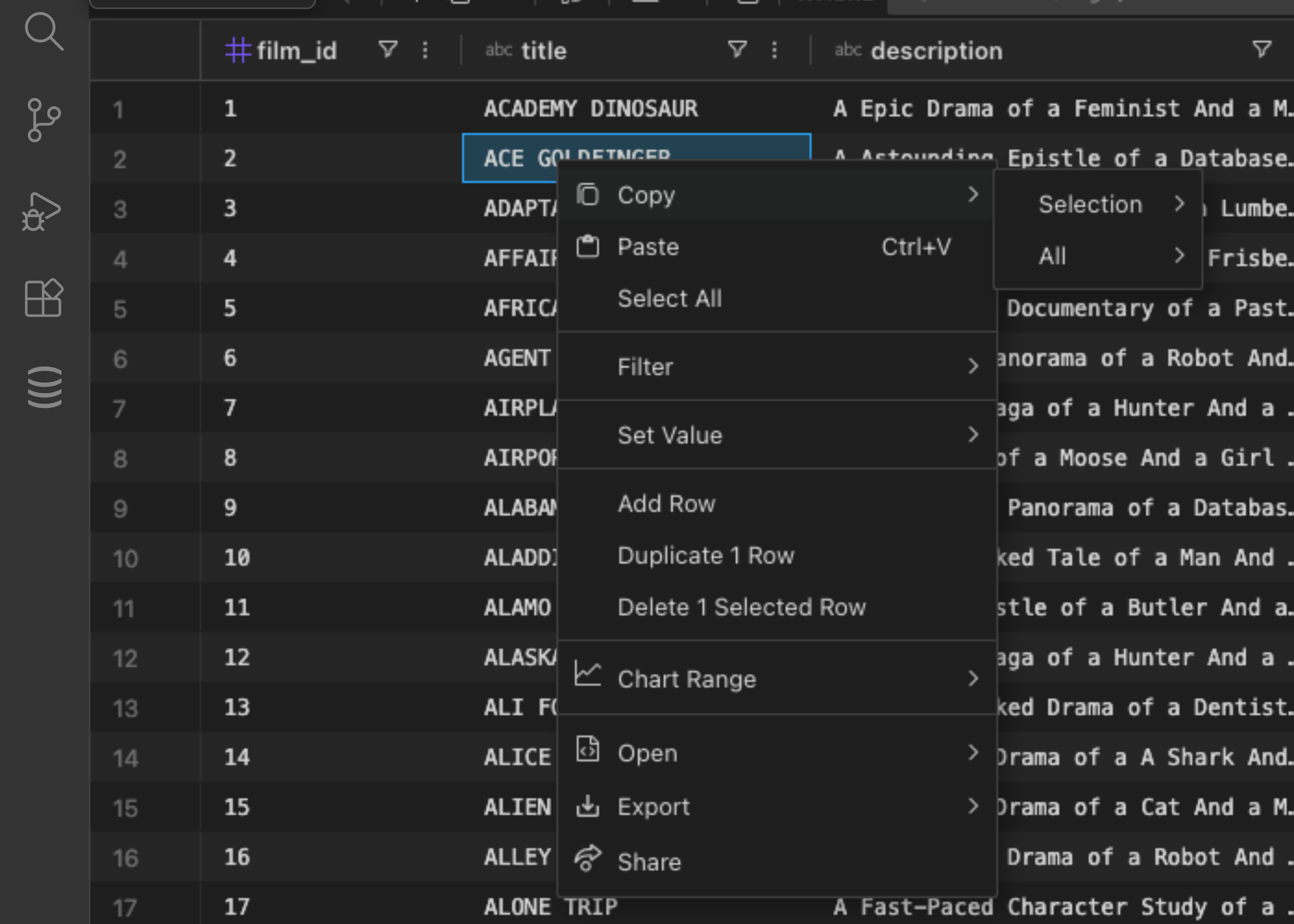 Copy selection menu