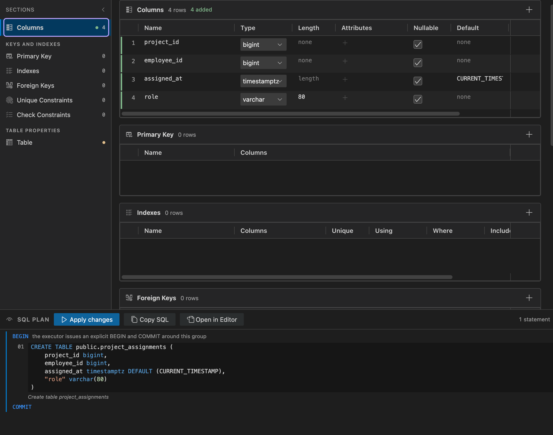 Table designer showing staged columns for a new project assignments table and its generated SQL