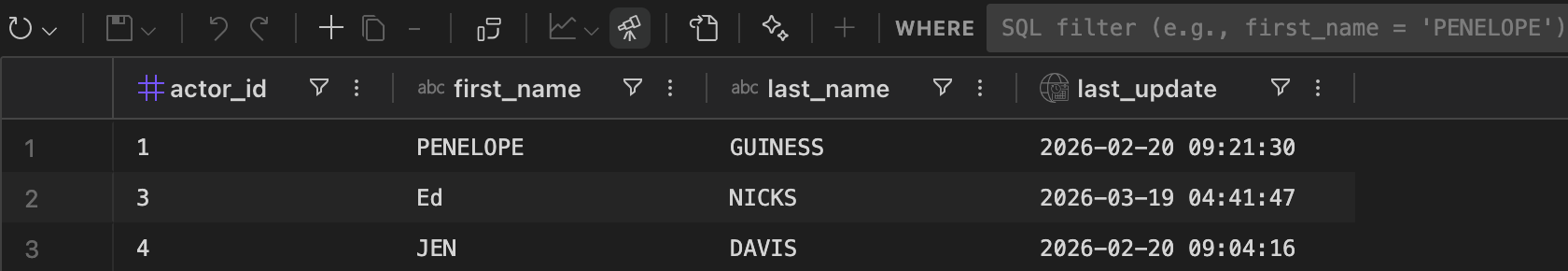 Data editor showing a table with inline editing in VS Code