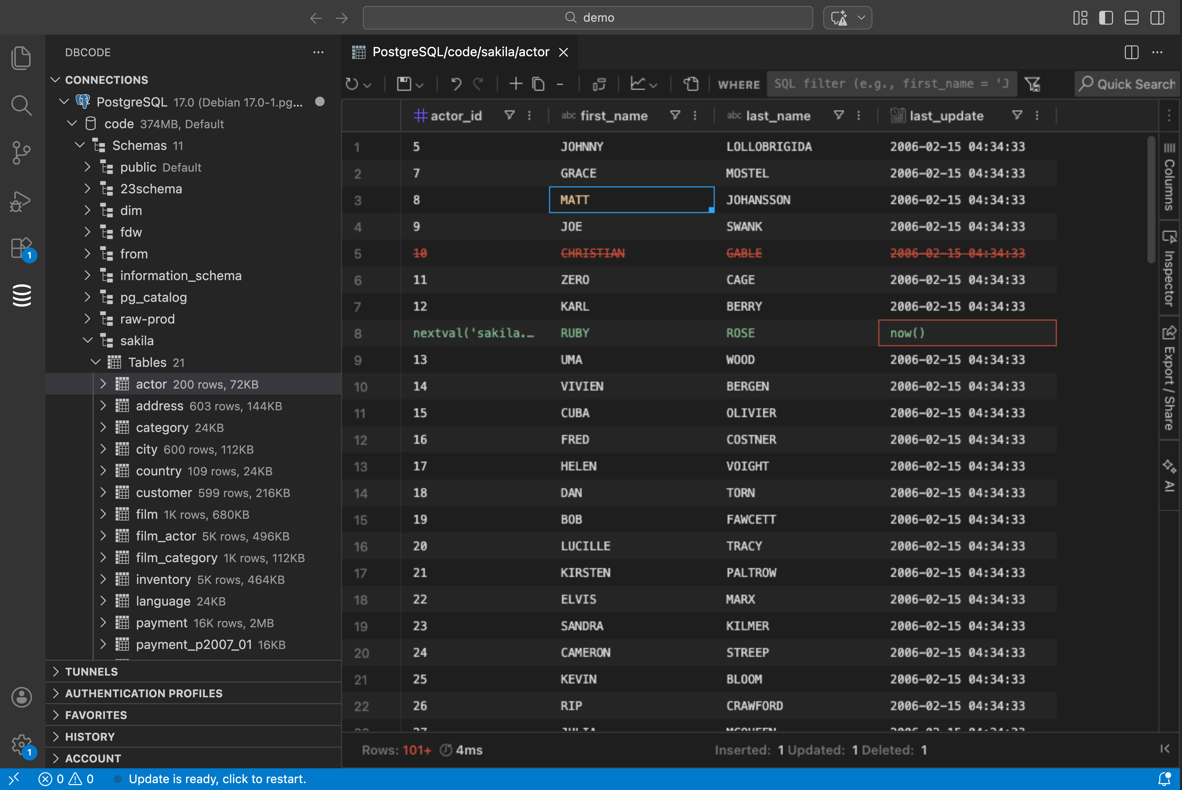 Data editor showing a table with inline editing in VS Code