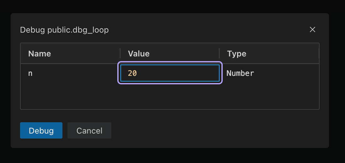 The debugger argument grid with the value 20 entered for a PostgreSQL function.