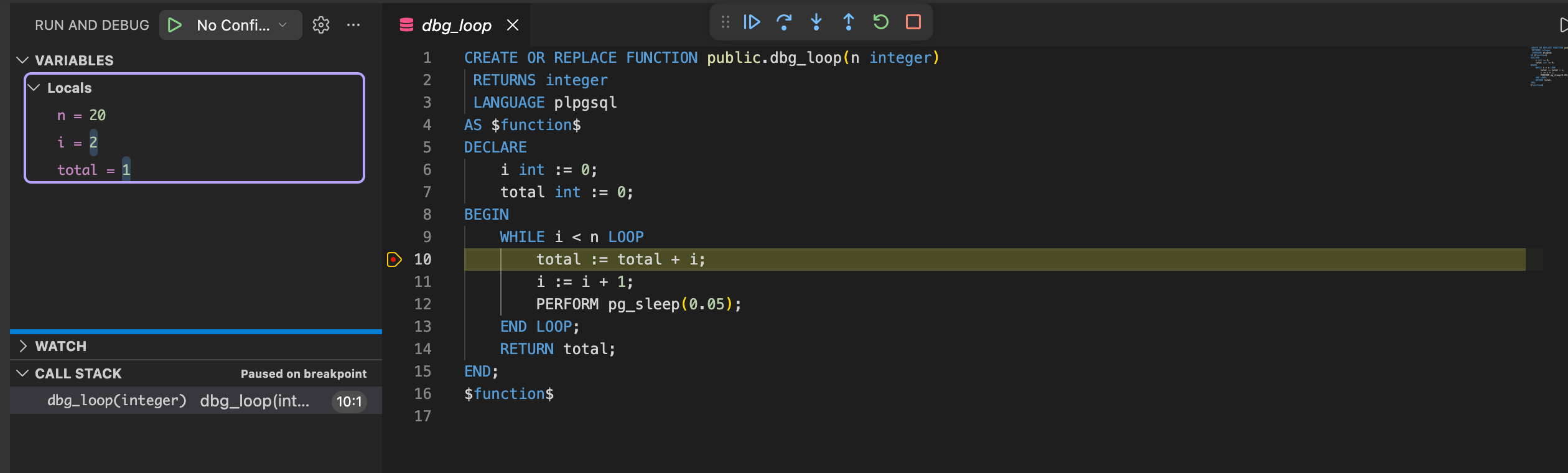 A PostgreSQL debug session paused at a breakpoint with local variables and the call stack visible.