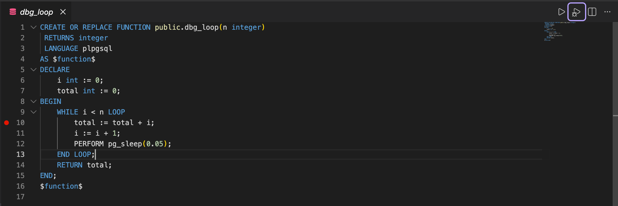 A PostgreSQL function open in VS Code with a breakpoint set and the Debug action highlighted.