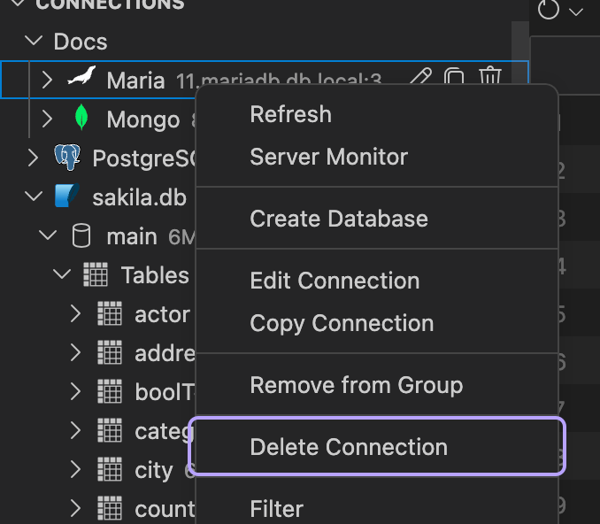 Delete connection option