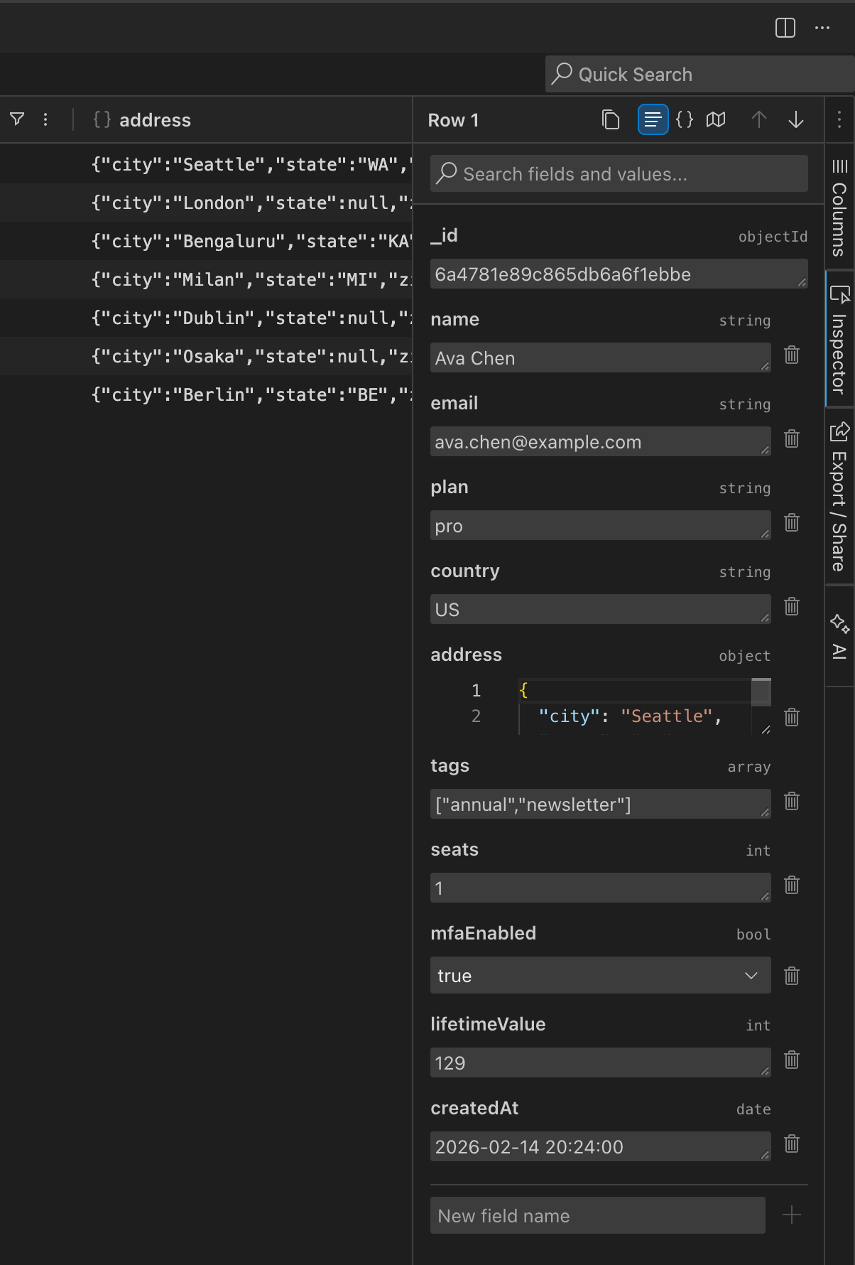 Editing a MongoDB document field by field in the DBCode inspector, with typed BSON fields