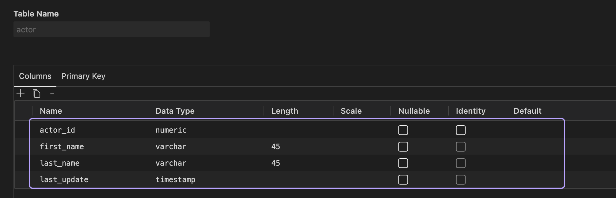 Edit table interface