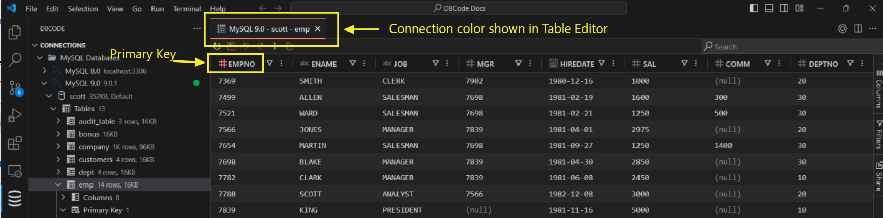 Color-coded editor tabs and SQL headers