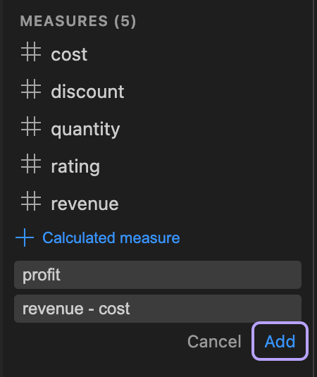 Calculated measure dialog with expression revenue minus cost entered
