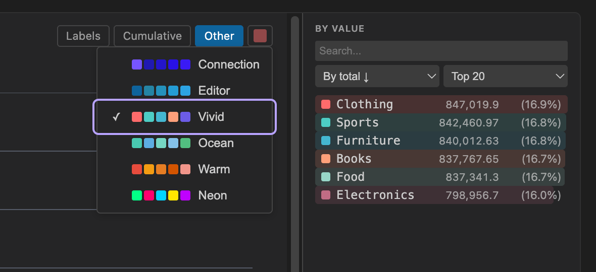 Vivid color theme menu beside the matching color values