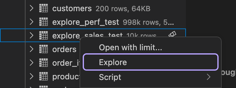 Right-click context menu on a table showing the Explore option