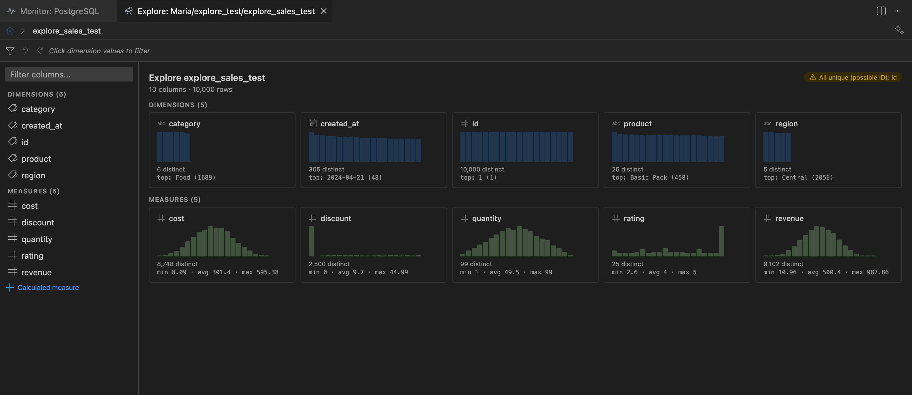 Explore panel layout showing the field sidebar and column overview cards