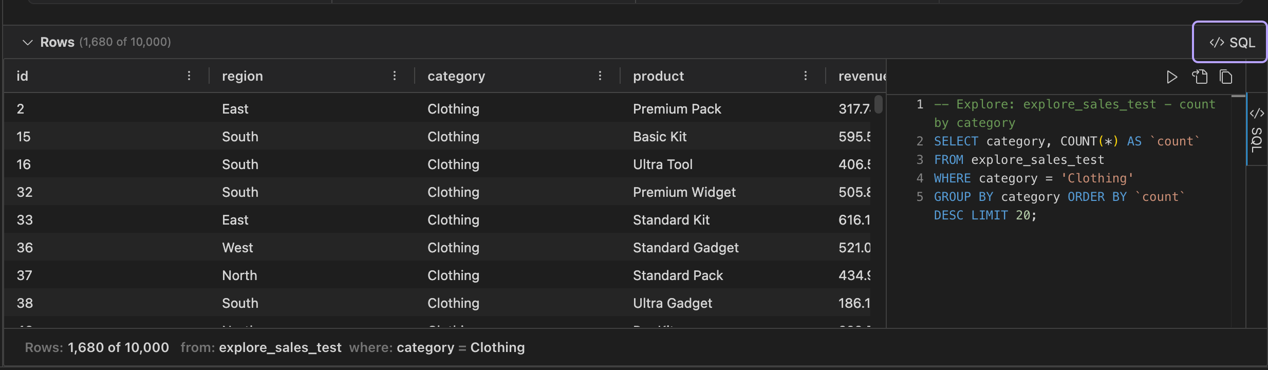 Row preview showing filtered data in a grid with columns for id, region, category, product, and revenue