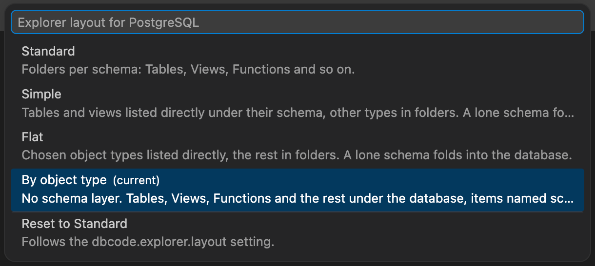 The Explorer Layout picker for a PostgreSQL connection, with By object type marked current and Reset to Standard as the last entry