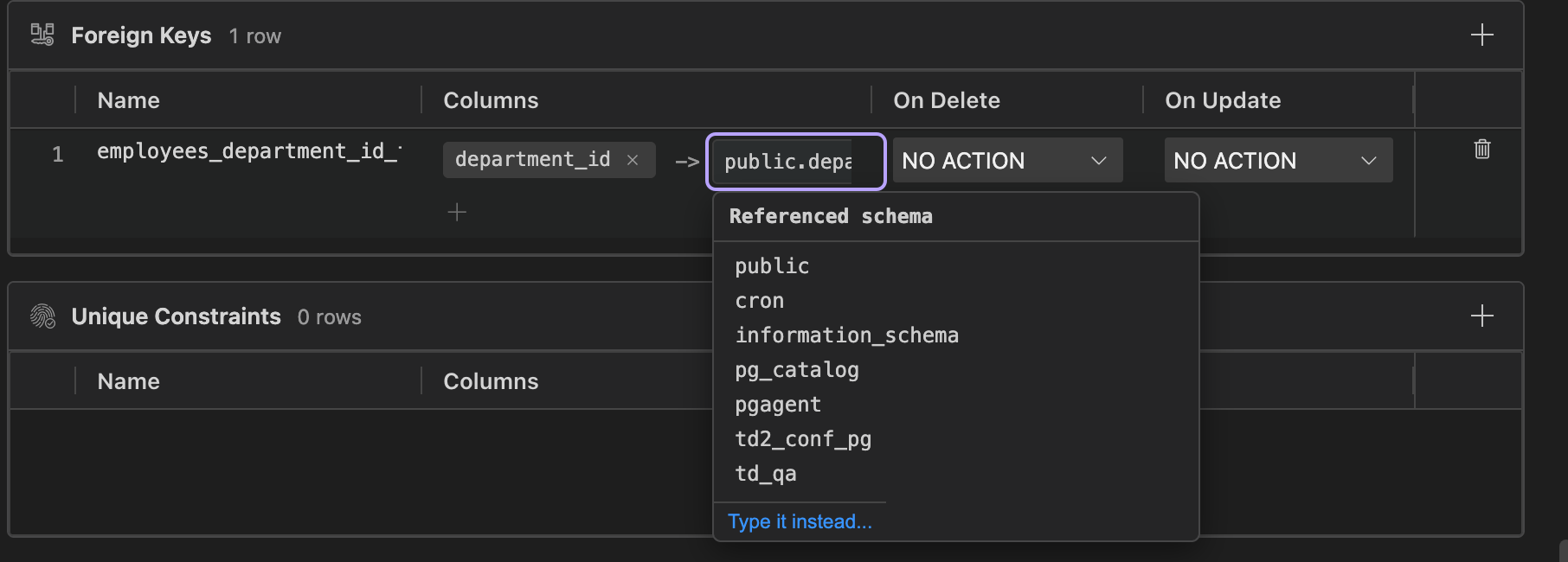 Foreign key referenced schema picker for the employees table