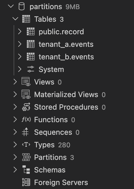 A database in the By object type layout: the Tables folder lists public.record, tenant_a.events and tenant_b.events, with a System sub-folder, and a Schemas folder further down