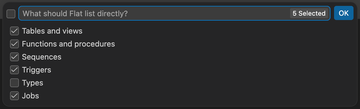 The What should Flat list directly? picker, with every type ticked except Types