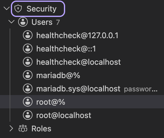 MariaDB Security tree showing Users, accounts, and Roles