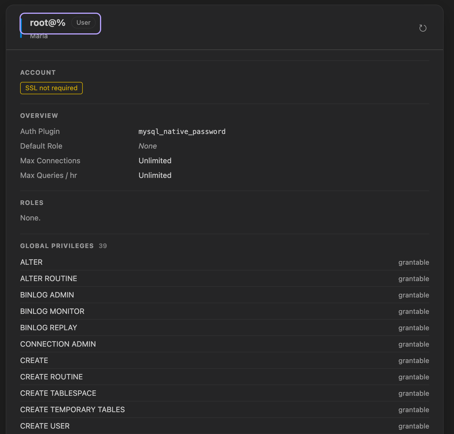 MariaDB user overview showing account settings, roles, and global privileges
