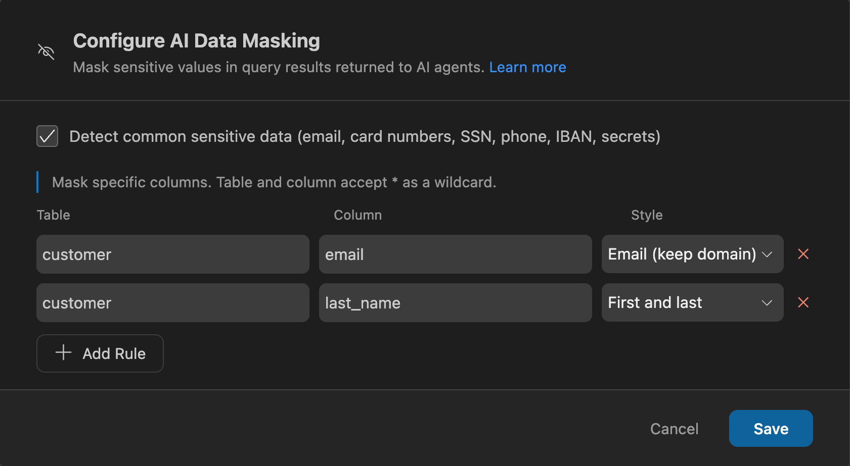 The Configure AI Data Masking dialog in DBCode, with detectors turned on and two column rules: customer.email as Email (keep domain) and customer.last_name as First and last