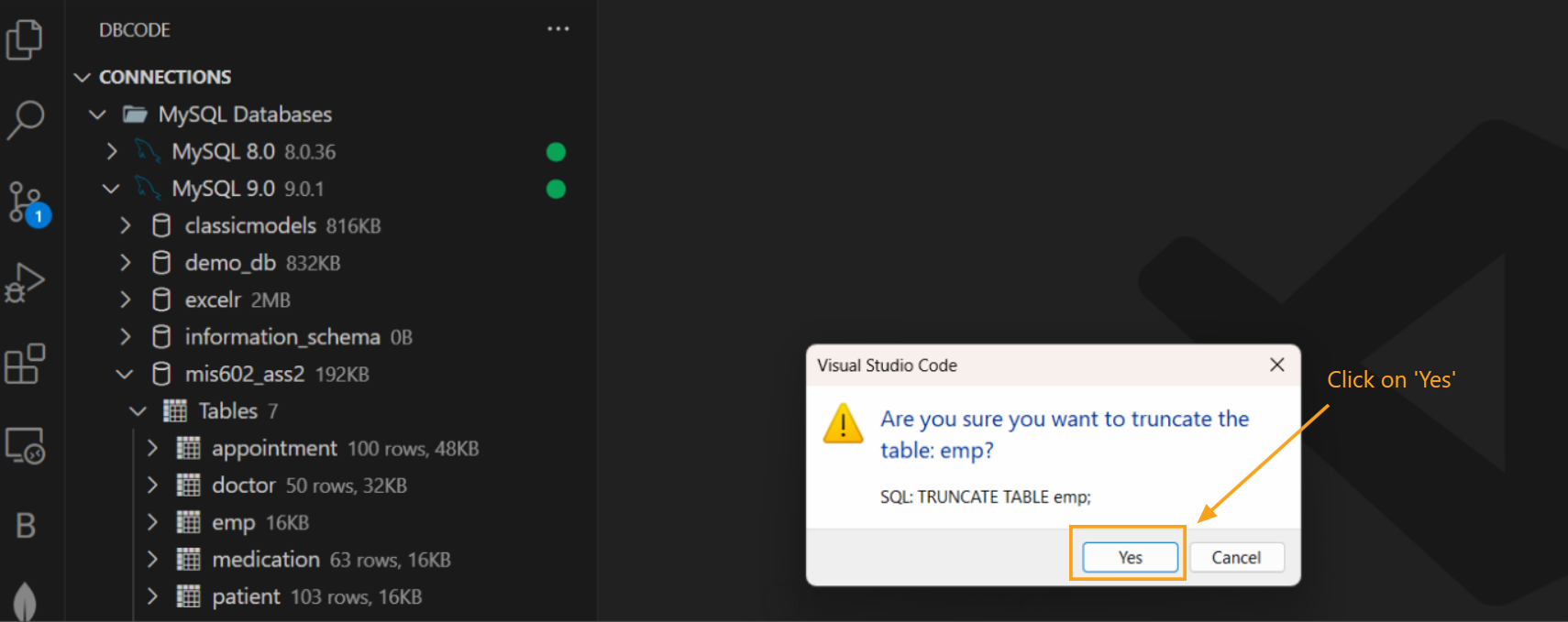 Truncate confirmation dialog