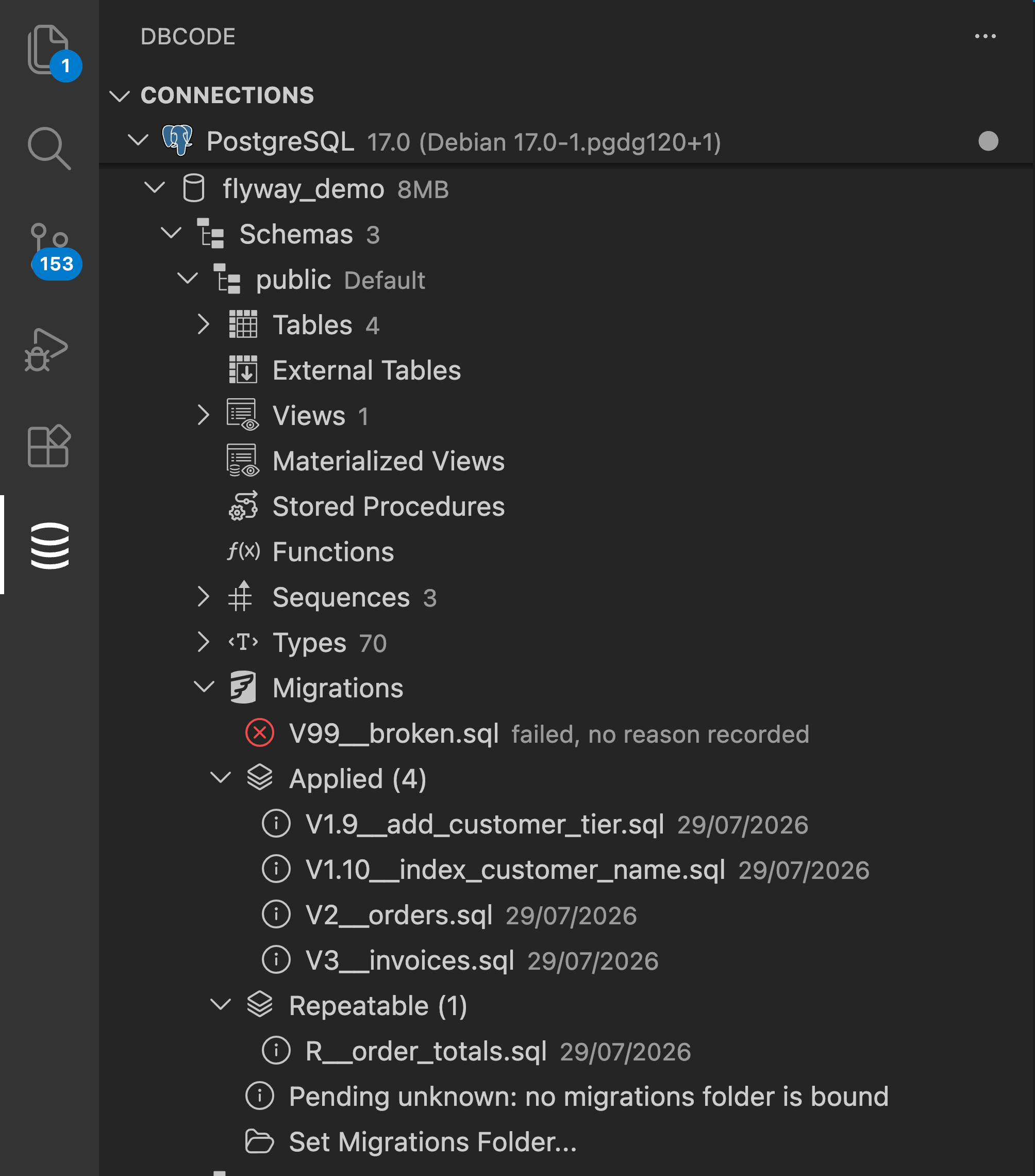 Flyway migrations in the DB Explorer, including a failed migration, applied and repeatable groups, and the folder binding status.