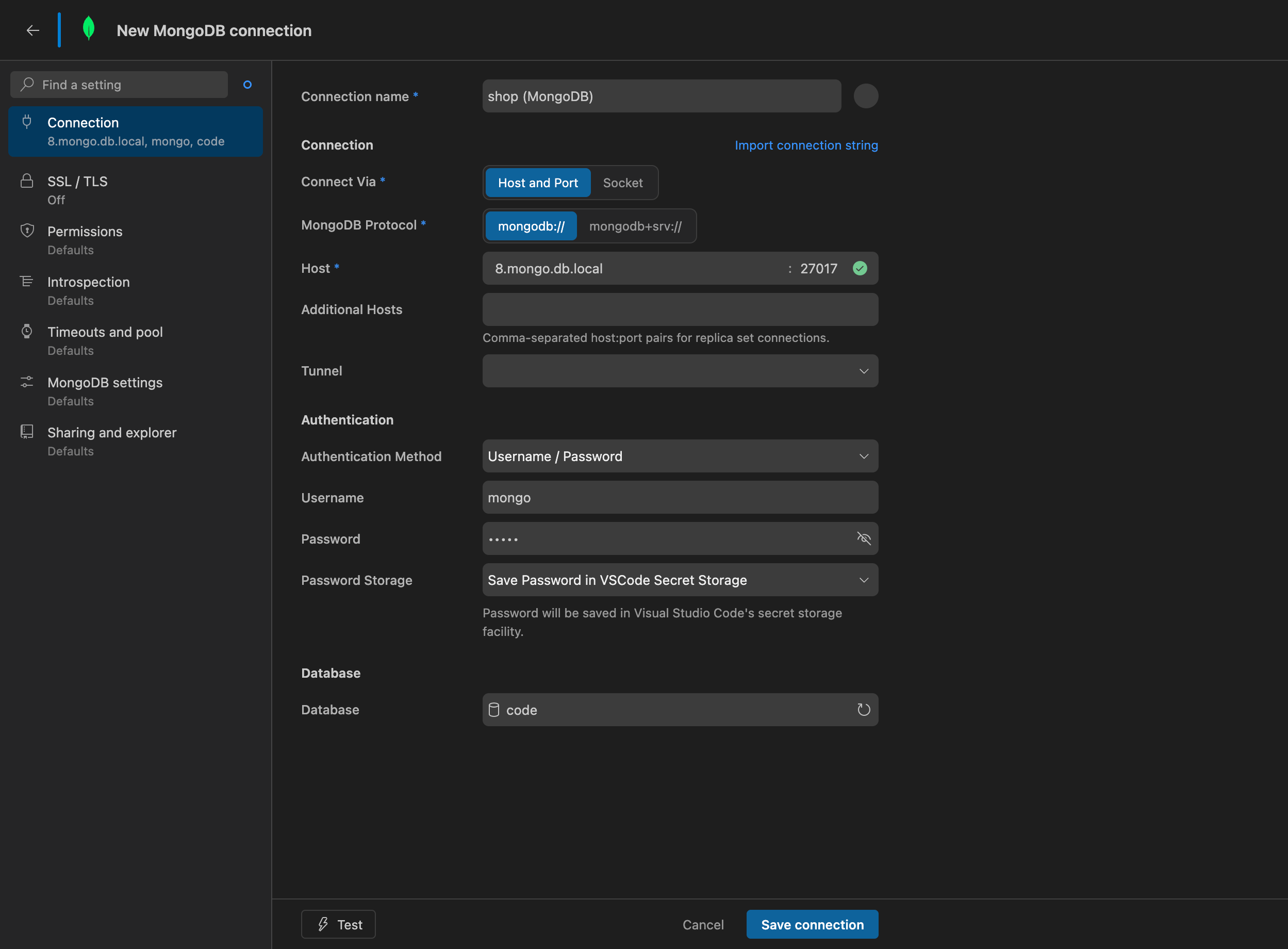 The MongoDB connection form in DBCode, with host, port, protocol, and authentication method fields