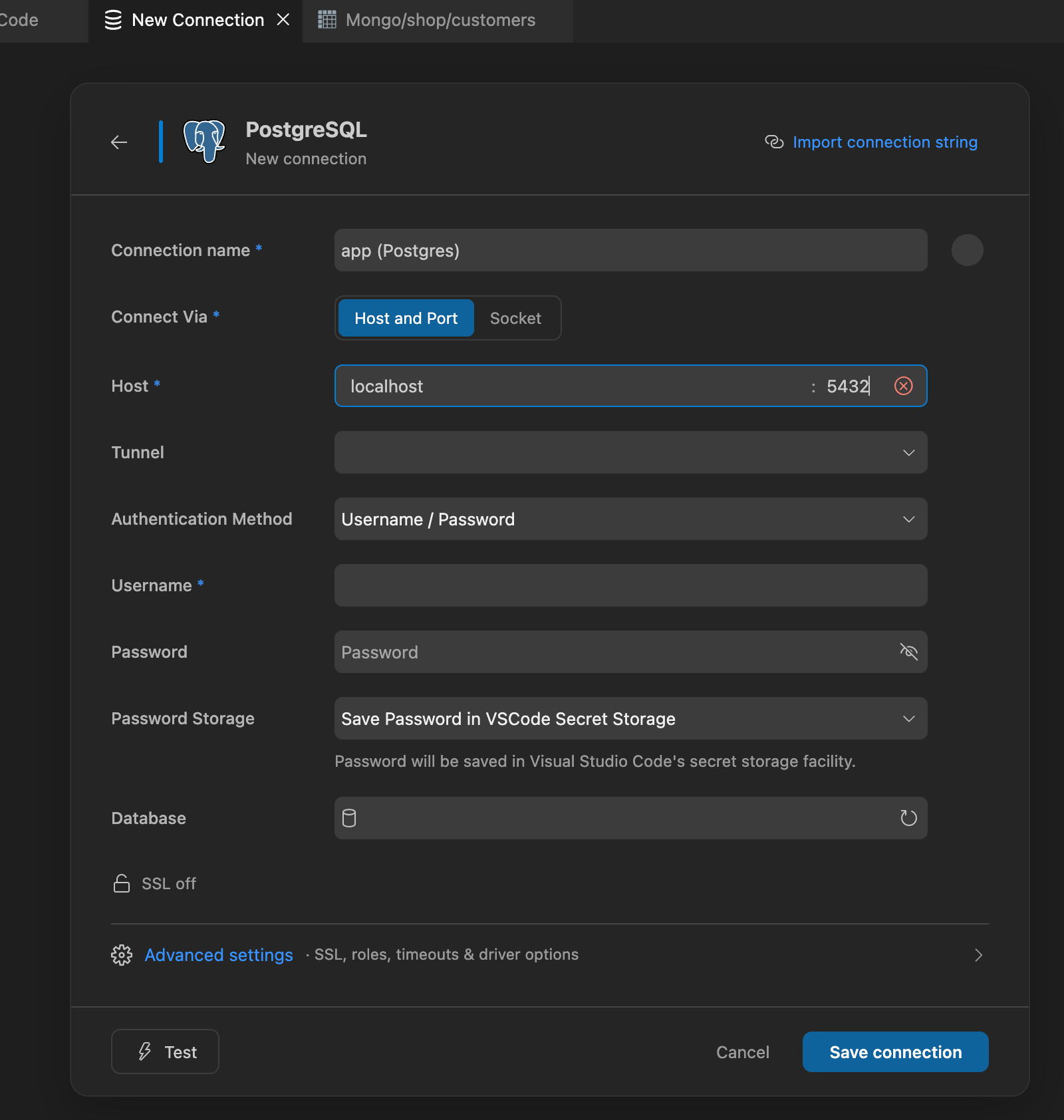 Creating a new PostgreSQL connection in DBCode