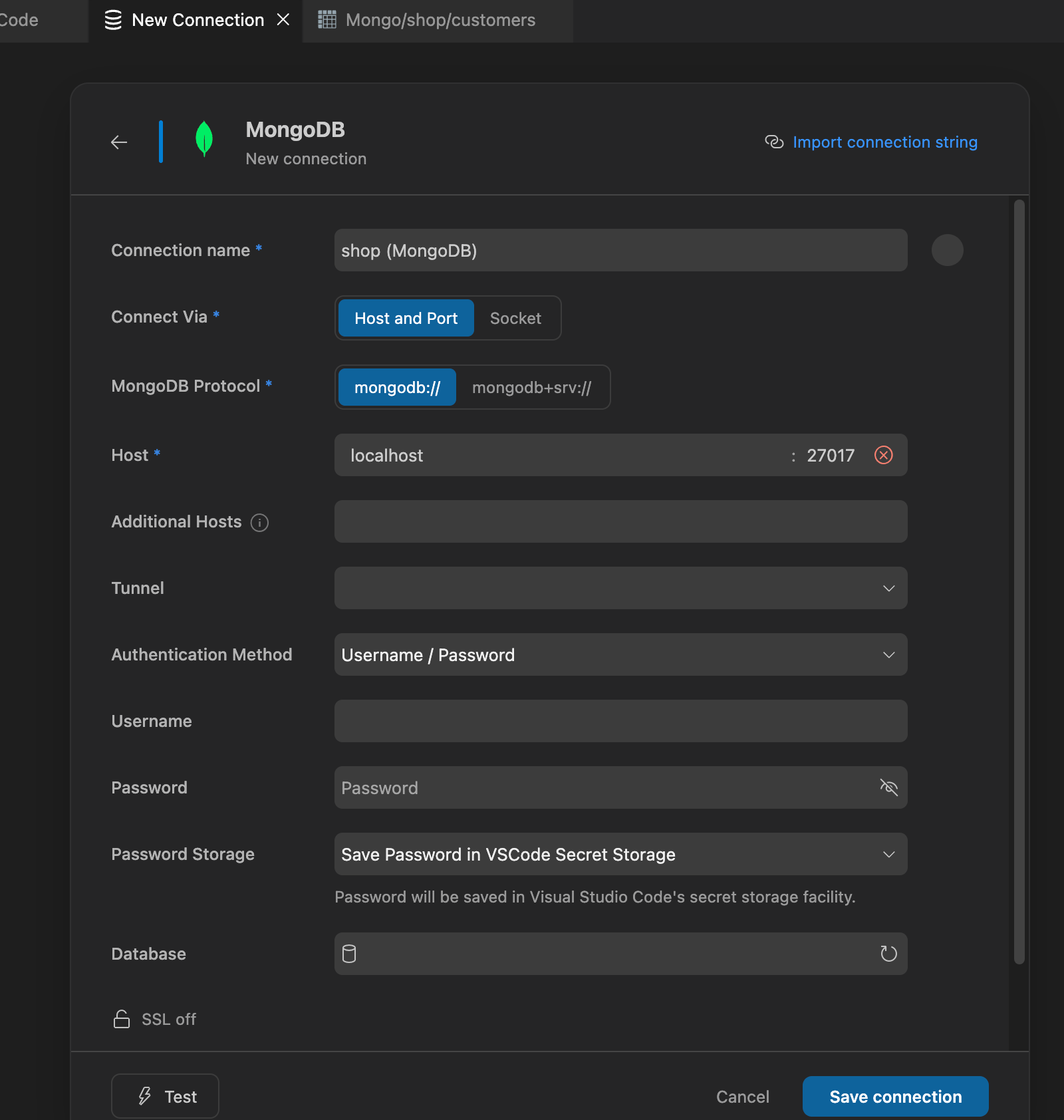 The MongoDB connection form in DBCode, with host, port, protocol, and authentication method fields