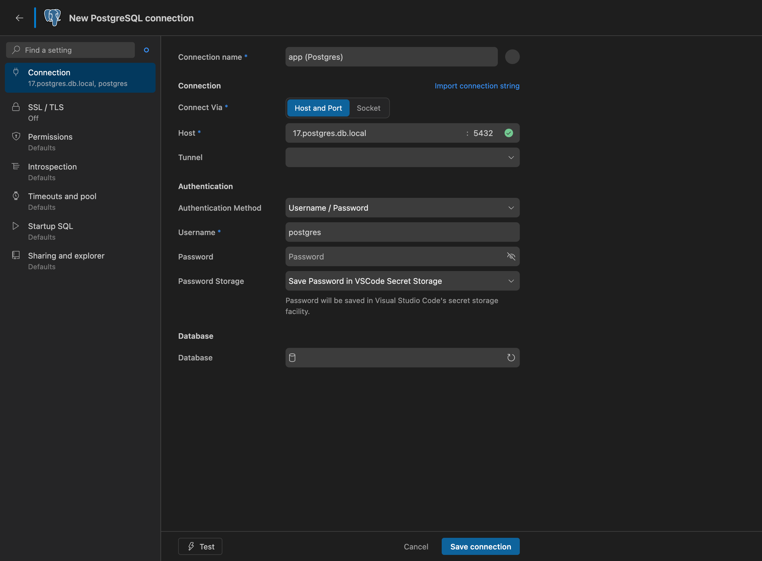 Creating a new PostgreSQL connection in DBCode