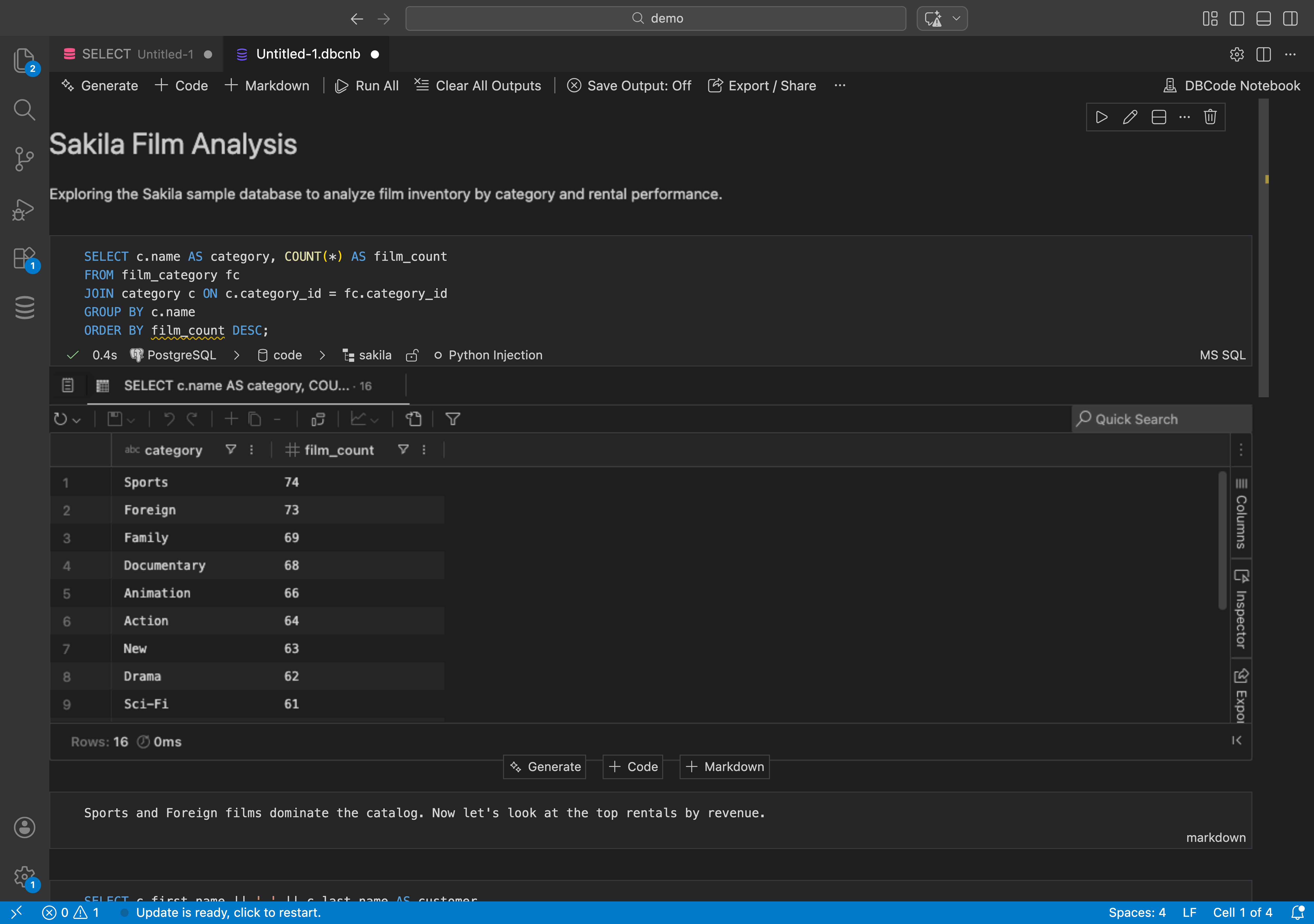 A SQL notebook with mixed queries, markdown notes, and inline results