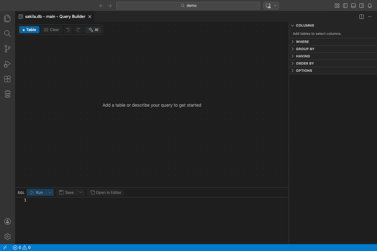 Empty Query Builder interface showing toolbar, canvas, config panel, and SQL preview areas